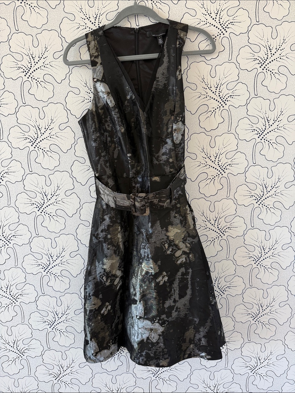 White House Black Market Black and Silver Sleeveless V-Neck Belted Midi Dress.
